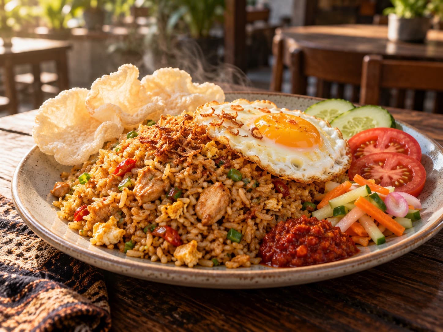 Contoh foto nasi goreng dengan cahaya alami dan tekstur makanan yang jelas